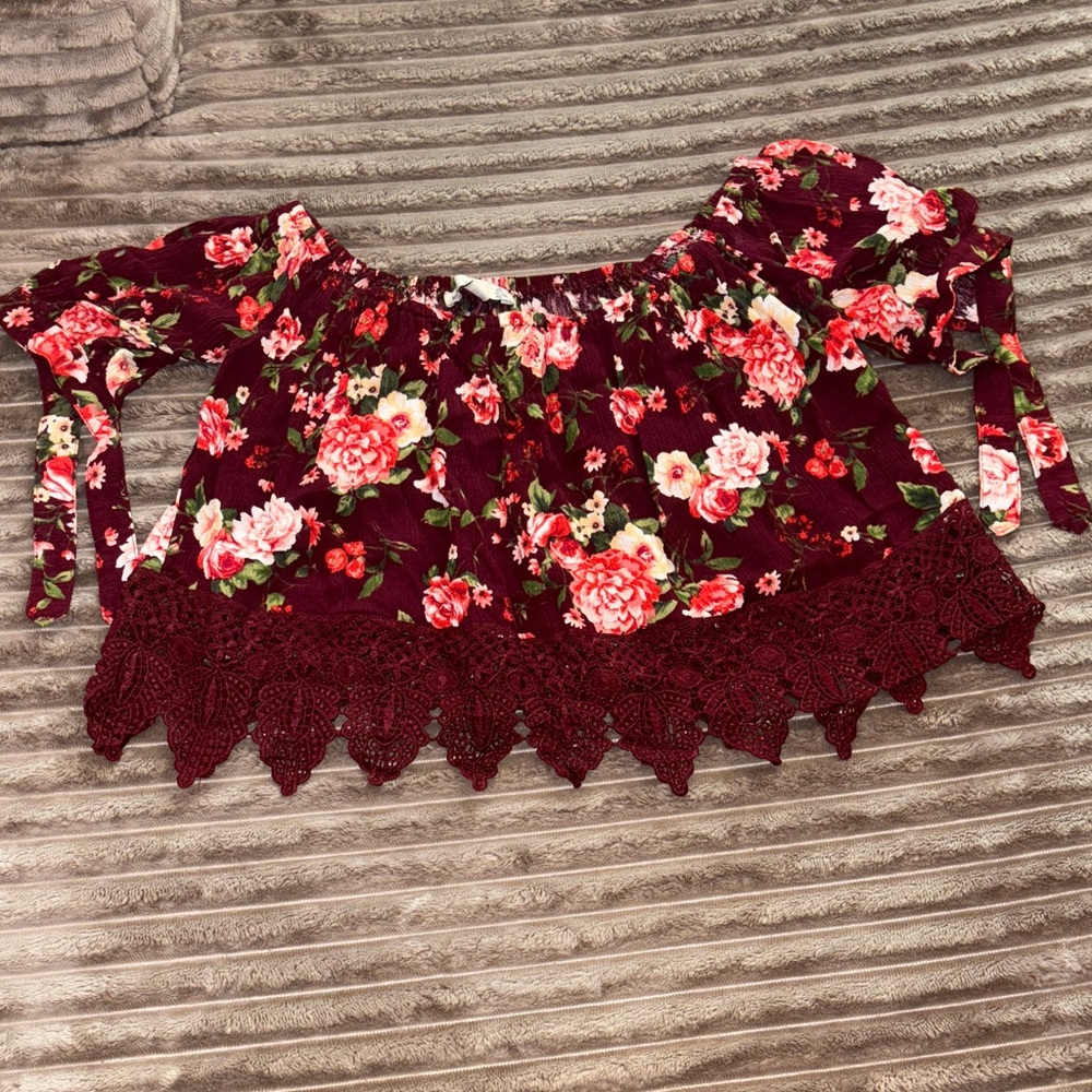Iris Burgundy Floral Crop Top with Lace Detail